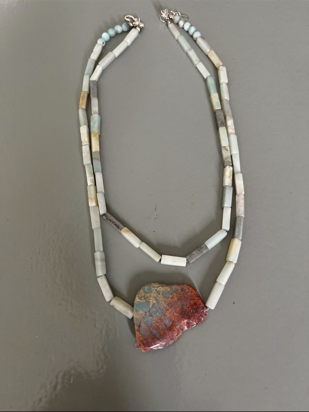 Multi-Strand Natural Amazinite Necklace with Red Jasper Pendant